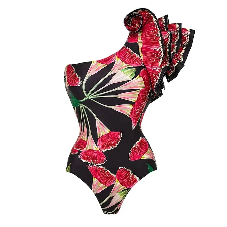 2024 One Shoulder Ruffle Eucalyptus Flower Printed One Piece Swimsuit and Skirt Swimwear Set Women Beachwear Luxury Bathing Suit