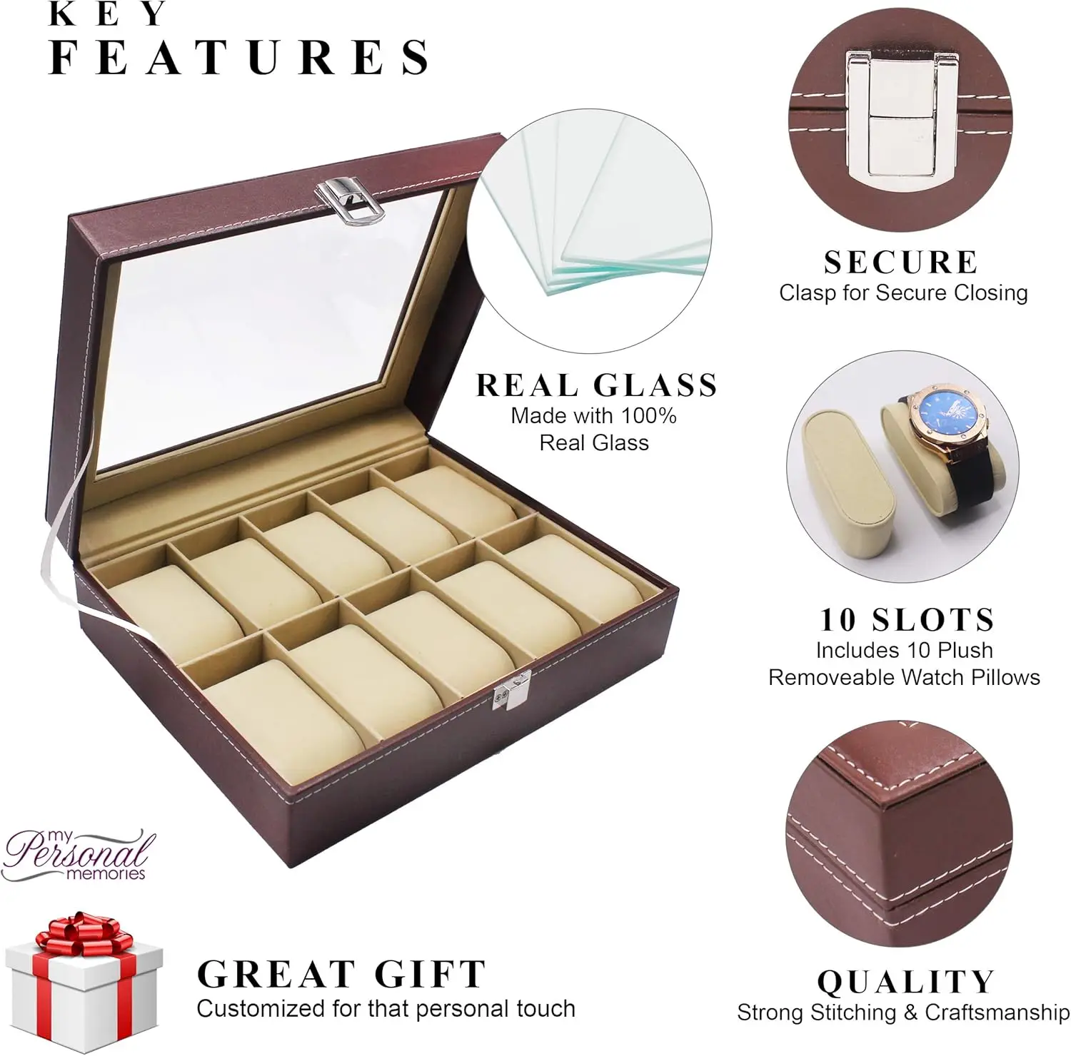 Custom Engraved Watch Storage Box with Glass Top - Holds 10 Watches, Perfect Gift for Men