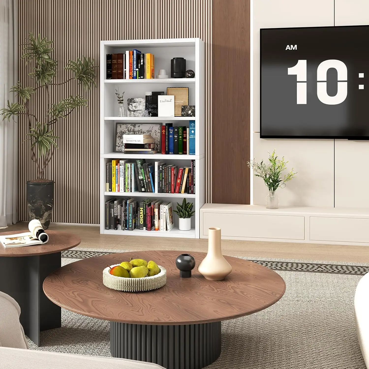 5 Tier Wooden Bookshelf 60 Inch Tall Open Storage Display Shelf for Living Room Home Office Study White, Customized
