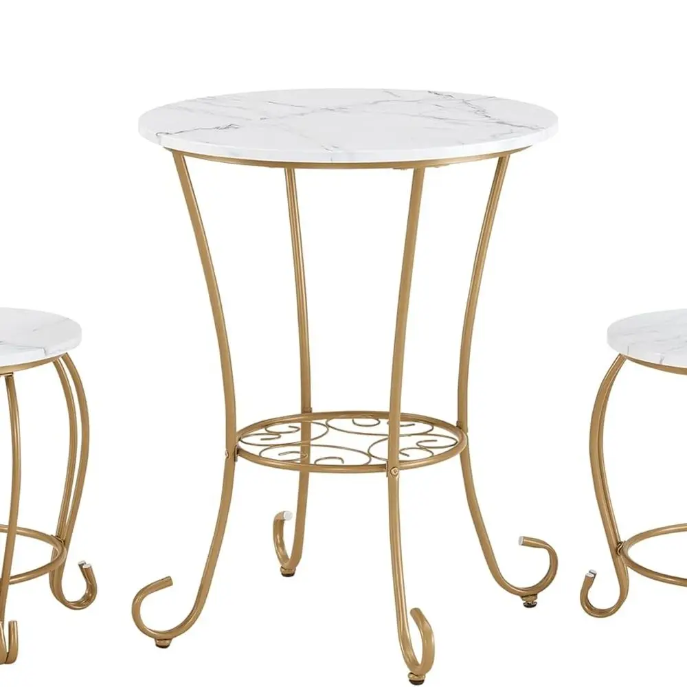 

Vintage French-Style Indoor Bistro Set: Marble-Top Round Table with Gold Metal Chairs for Kitchen or Breakfast Nook