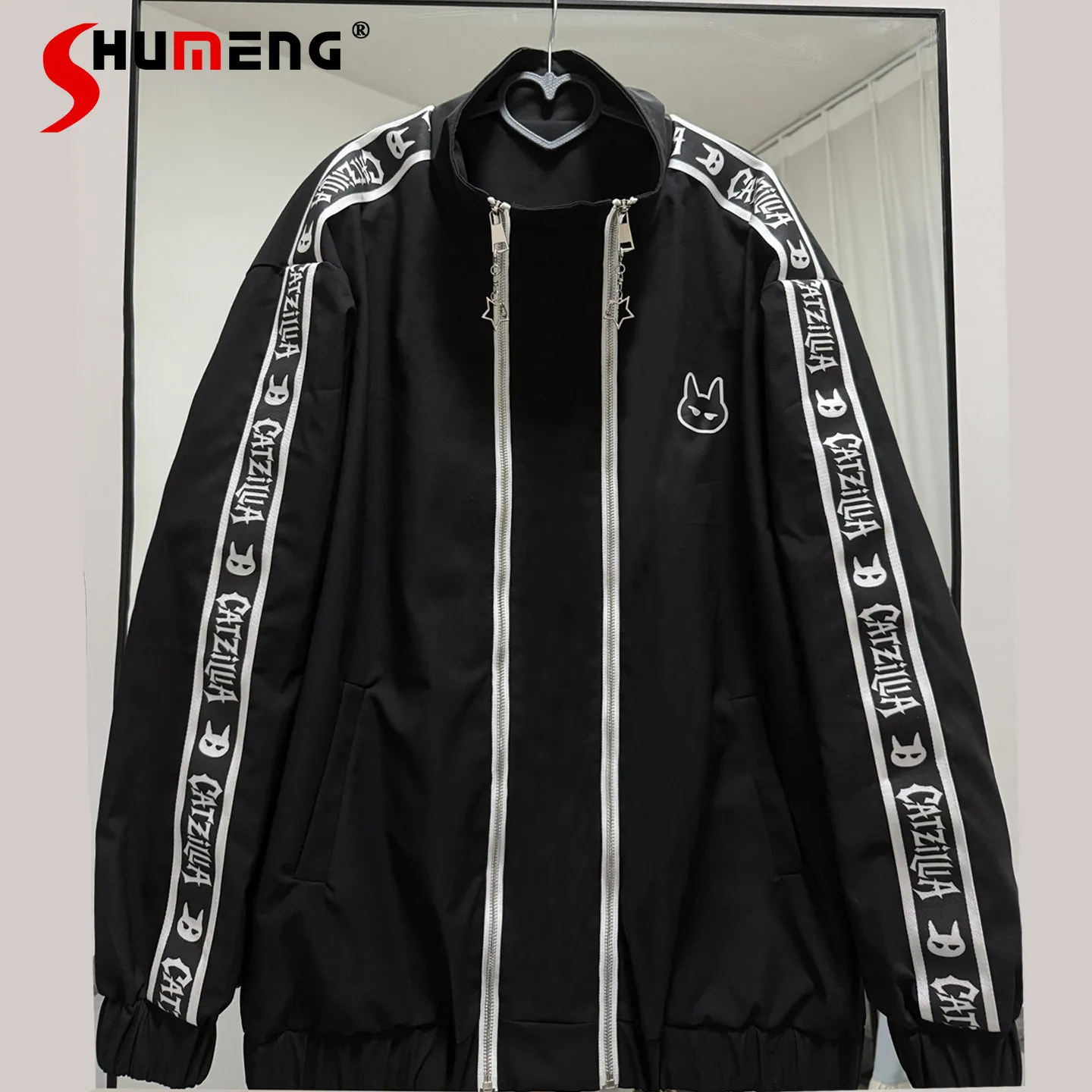 

Harajuku Subculture Cartoon Print Long Sleeve Double Zipper Stand Collar Coat Japanese Gothic Sweet Cool Cute Oversized Coats