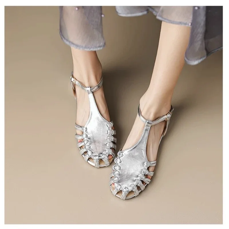 2024 Summer Women\'s Sandals Silver Gold Luxury Leather Strap Woven Roman Sandals Fashion Ankle Buckle Wide Heels Women Sandals