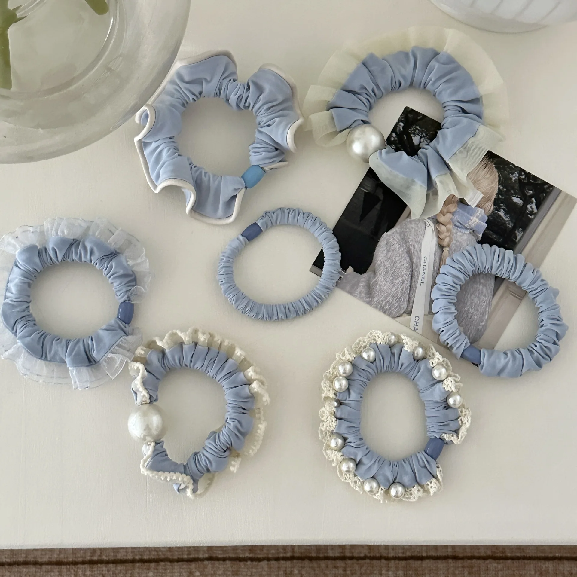 Fashion Hair Band 1PCS Blue Soft Pearl Lace Trim Beaded Thin Elastic Gentle for Women Girls