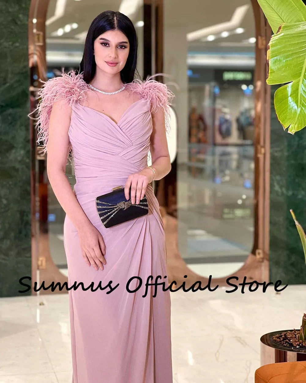 Sumnus Black Feather Straps Evening Dresses Side Split Sexy V Neck Pleats Chiffon Long Party Prom Dress Formal Robe de Soiree