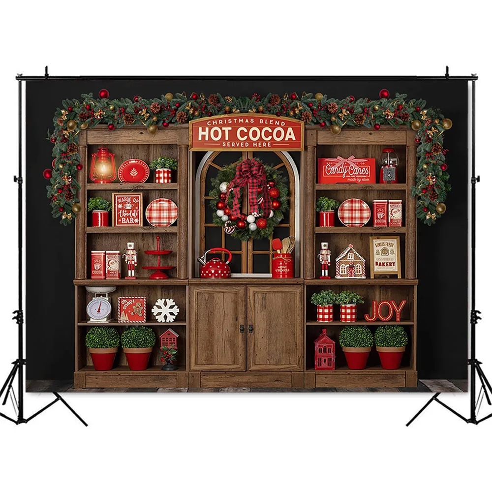 Christmas Hot Cocoa Shop Backdrop for Photography Kitchen Cupboard Kid Children Background for Photo Studio Photocall Vinyl