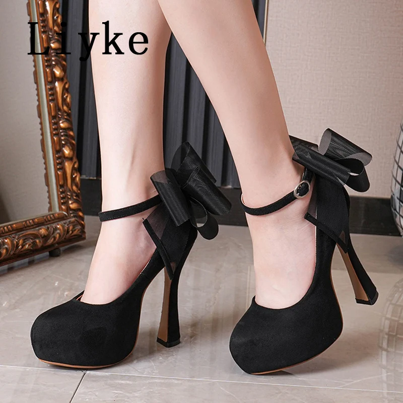 

Liyke Spring Bowknot Design Ankle Buckle Strap Women Pumps Sexy Platform Extreme Thin High Heels Nightclub Prom Shoes Sandals