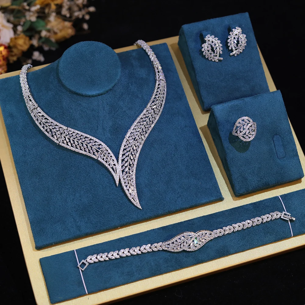 Luxury Cubic Zircon Leaf Shape Silver Color and Multicolor Bridal 4pcs Jewelry Sets Engagement Marry Wedding Accessories