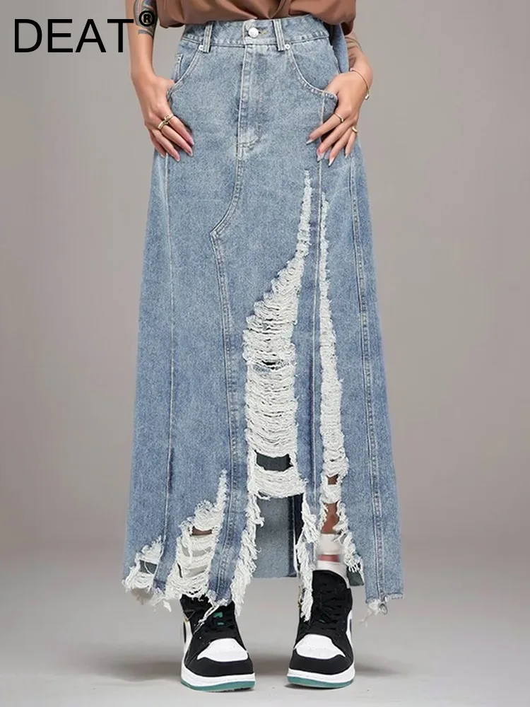 

DEAT High Waist Blue Denim Holes Irregular Burr Long Casual Half-body Skirt Women Fashion Tide New Spring Autumn 2024 1DF6983