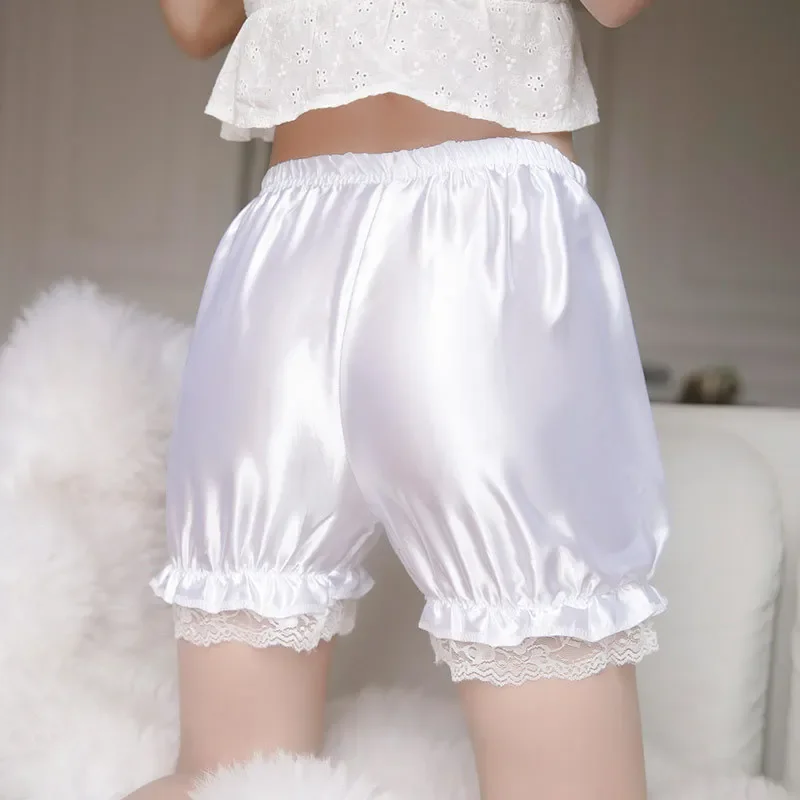 Women Lace Short Panties Imitation Silk Ruffle Bloomers Anti Exposure Safety Pants Lolita Satin Knickers Shorts Dress Pettipant