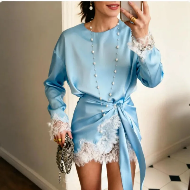 Vestido de Primavera 2026, Vestido de Playa de Color Sólido con Encaje de Satén de Alta Calidad y Manga Larga para Mujer