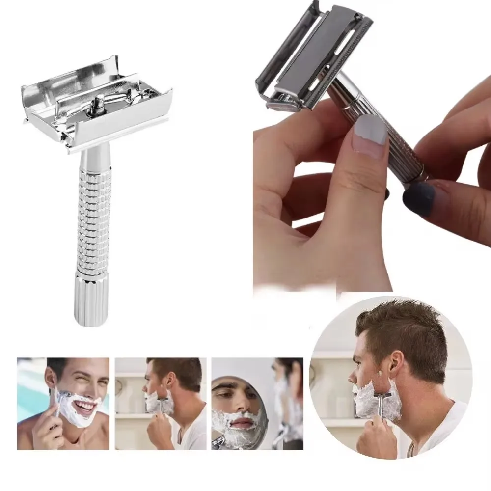 ( 1Machine+10 Blades ) Double-Sided Safety Stainless Steel Manual Men's Razor Non-slip Handle Butterfly Quick replacement blade