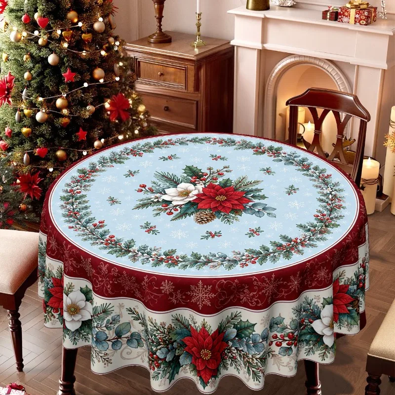 1 tablecloth, Christmas-themed, round tablecloth with embellished flowers, holly and snowflake prints