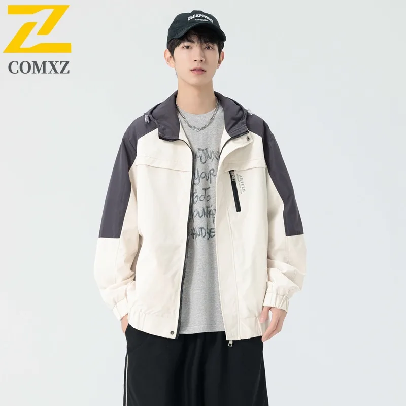 

COMXZ Men American Style Workwear Jacket Waterproof Windbreaker Hooded Utility Coat Spring Fall Outdoor Casual Multi-Pocket 2025