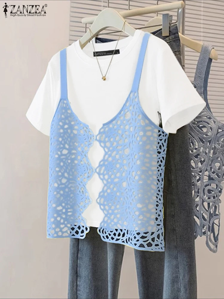 ZANZEA 2025 Fashion Patchwork Blouse Casual Loose knitted Tops Fake 2-piece Sets Tunics Fashion O Neck Blusas Spliced Pullover