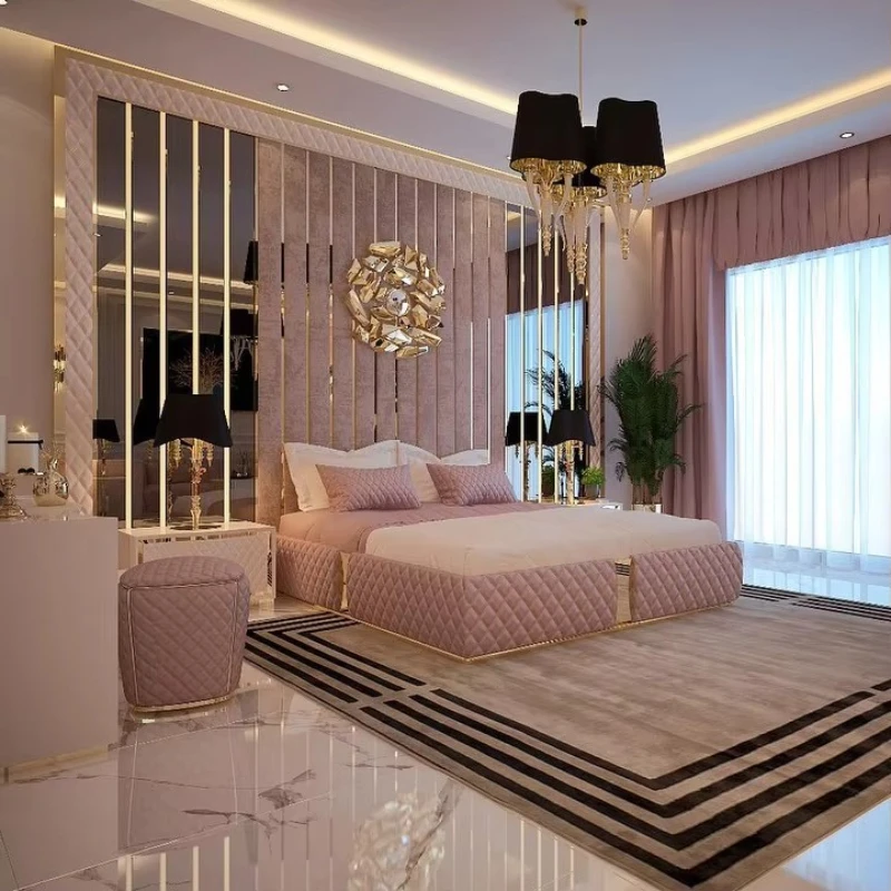 Handmade luxury soft bed set, modern stainless steel soft bed with headboard