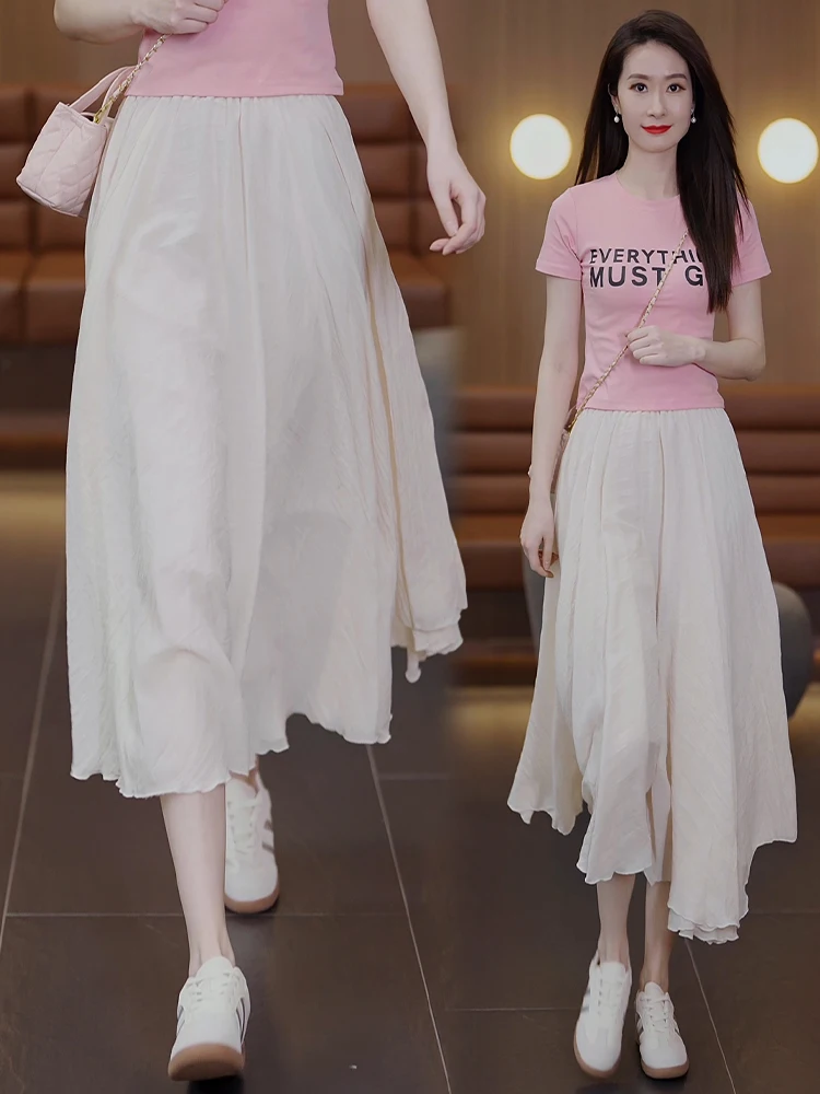 

High Waist A-Line Midi Skirt Women's Summer Thin New Elastic Waist Slimming Gored Hemline Korean Style Commute Casual Skirt