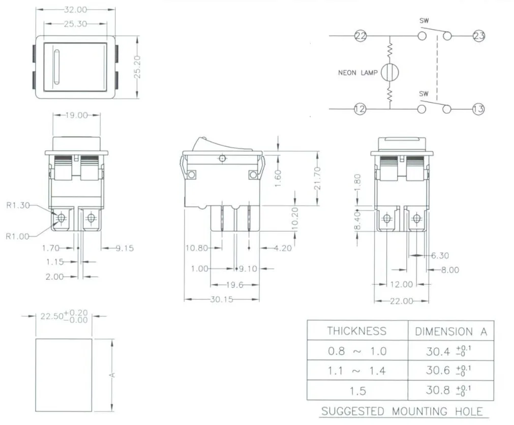 Approach SS-005 DPDT 5A 10A 15A 20A 25A Reset Circuit Breaker Switch Rocker Thermal Overload Protector Switch