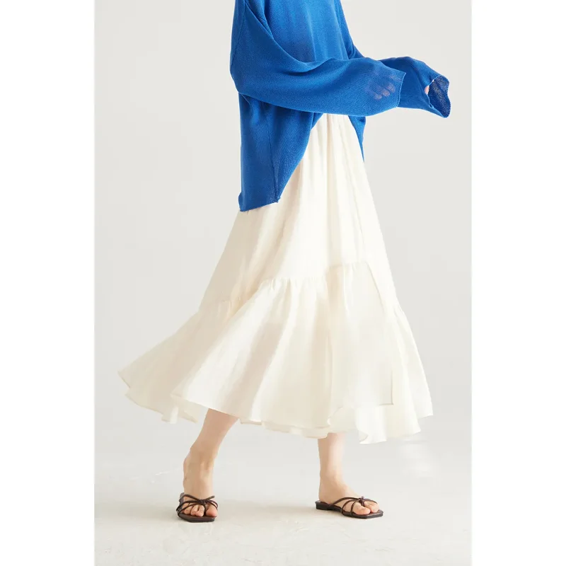 

Women's White Tiered Ruffle Midi Skirt Casual High Waist Flowy Swing Skirt