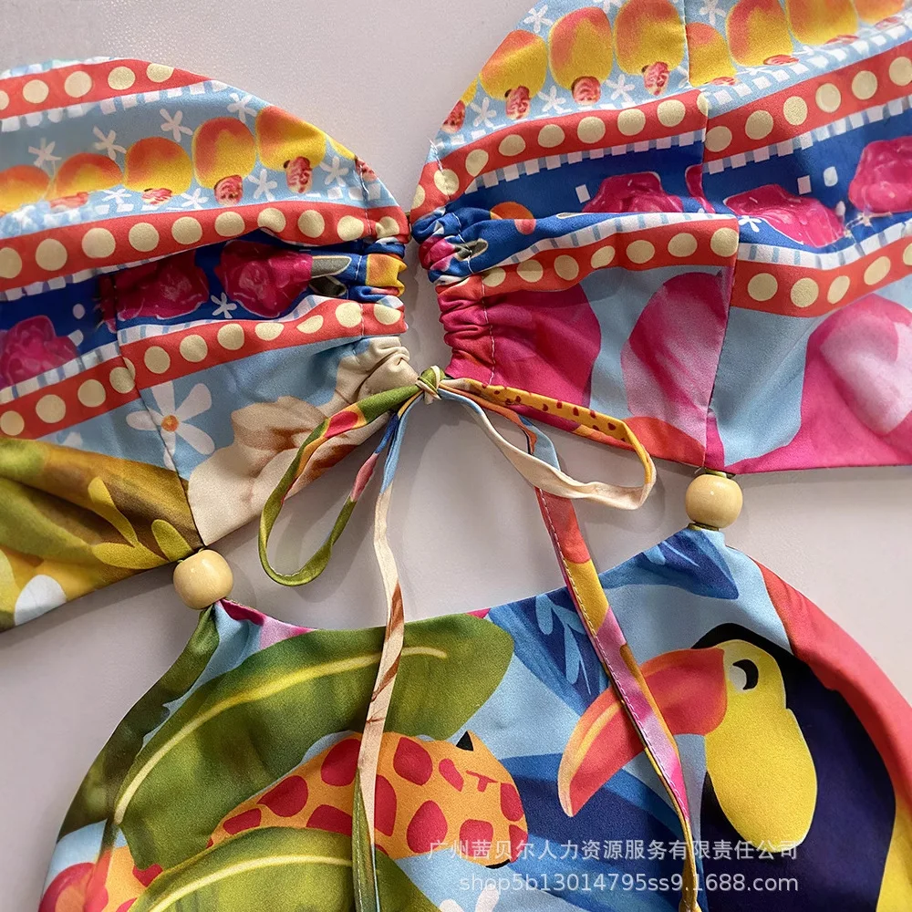 여성 섹시 바디콘 패션 스파게티 스트랩 타이 백 홀터넥 허리 트로피컬 프린트 드레스 휴가 드레스