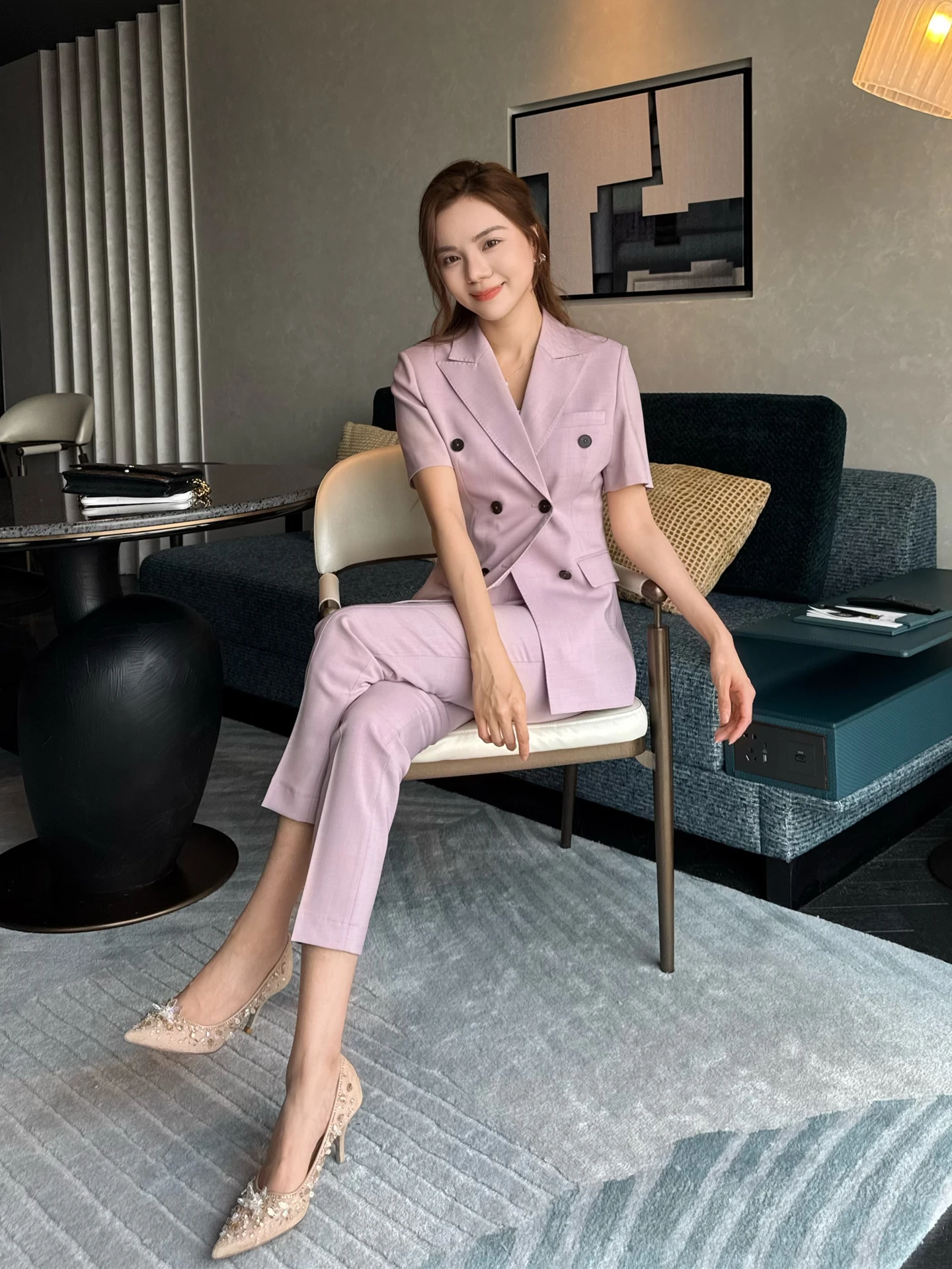 

Summer Casual Purple Pink Profional ort Sve Suit Set Women Thin High-End Korean Faion Ele Godd Sle