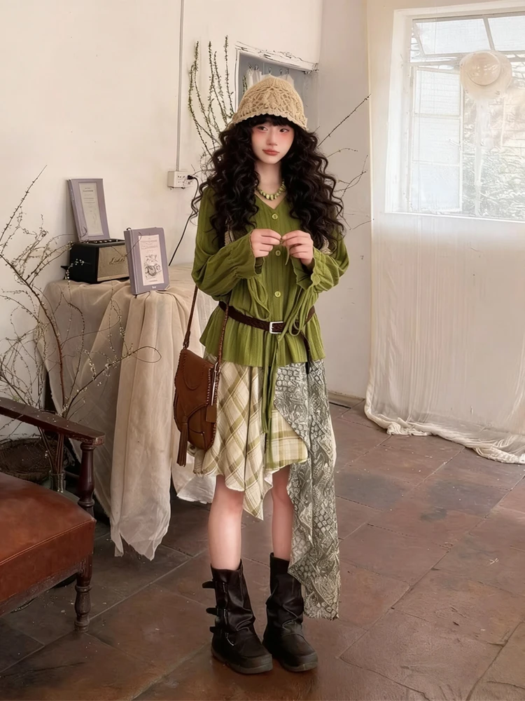 

Women's V-neck Long Sleeve Knitted Top with Belt High Waist Skirt Set Spring Summer Fashion Casual Loose Fit Shirt Style