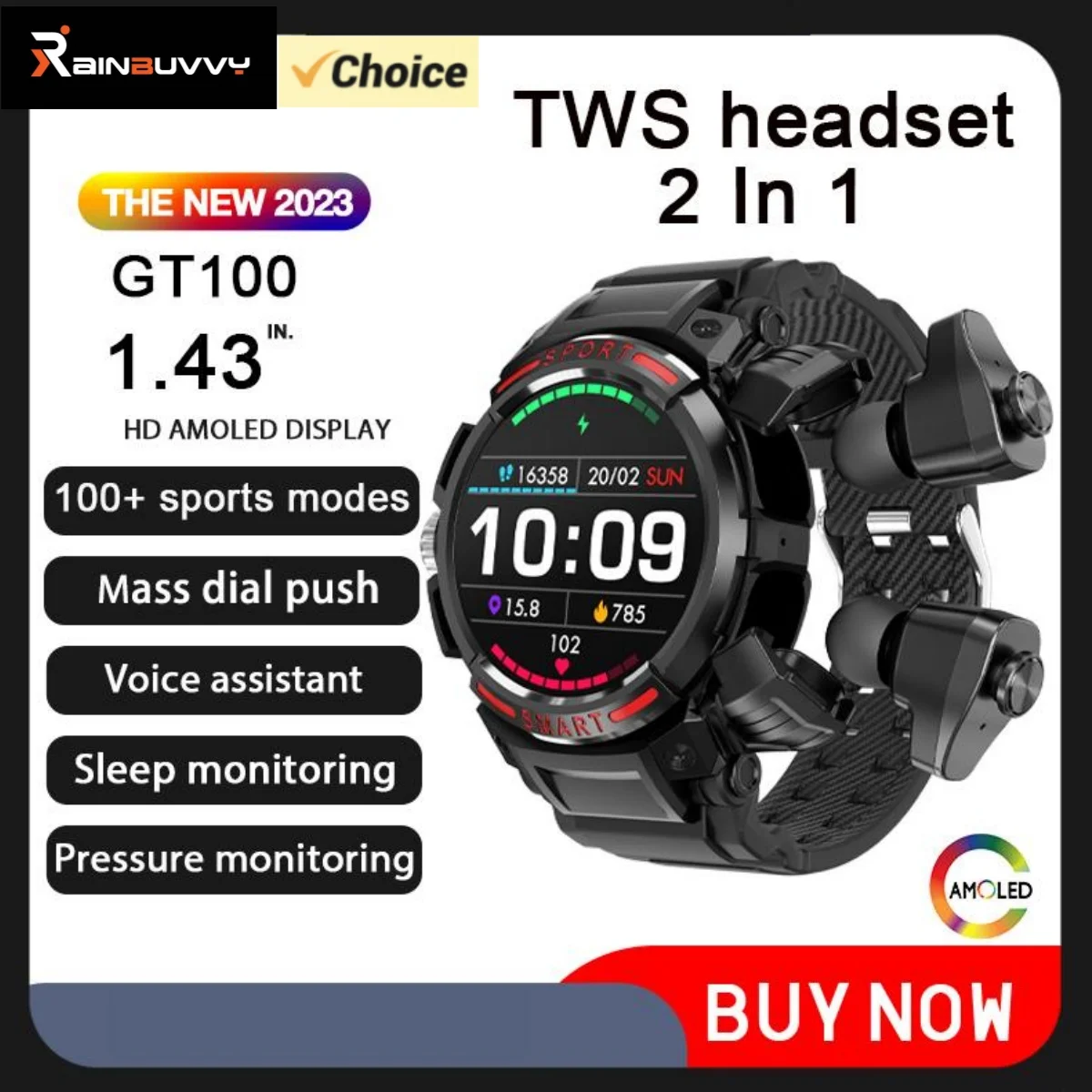 Rainbuvvy GT100 Sports Watch 2 in 1 TWS Wireless Headphone Smart Watch IP67 Life Waterproof With Local Music Call Men Watch