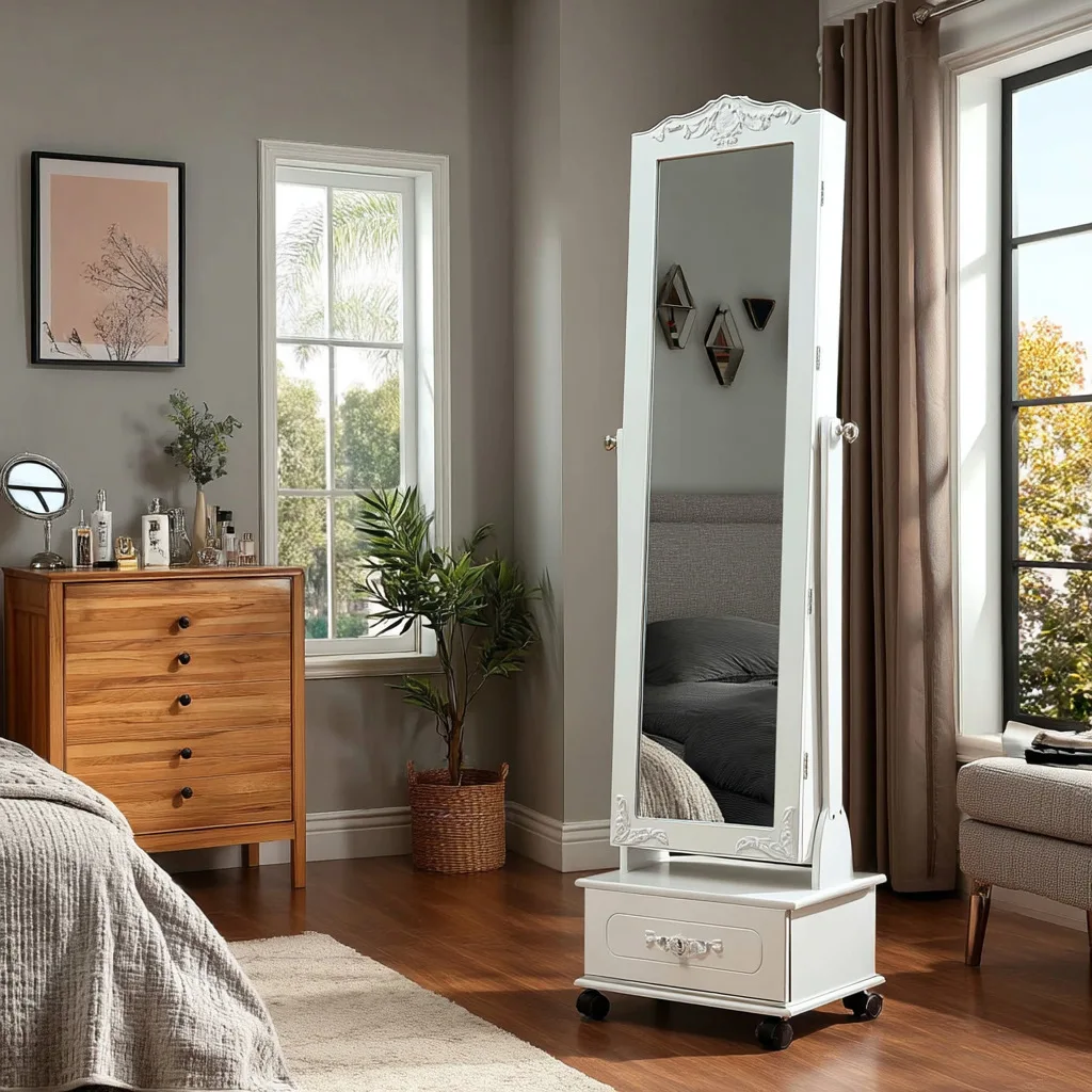 Jewelry Cabinet Mirror European Simple Wooden Jewelry Storage Multifunctional Mirror Cabinet Full-length Mirror