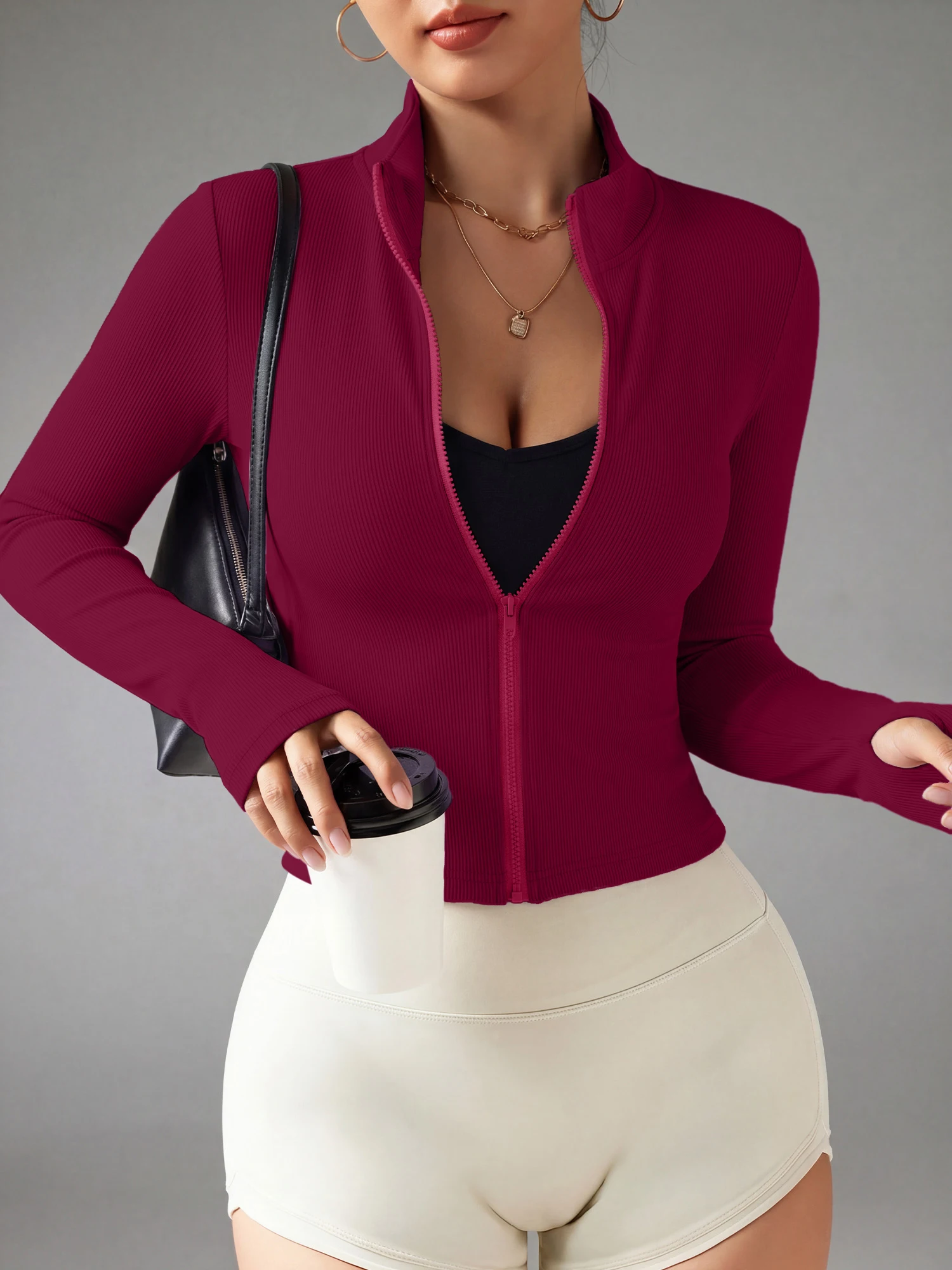 Women Casual Stand Collar Jacket Ribbed Knit Long Sleeve Zip Up Slim Cropped Coat Streetwear Tops