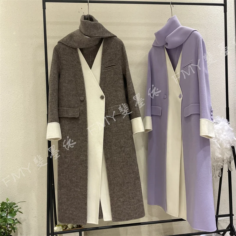 RosEvans False Two-piece Double-sided Women Long Cashmere Coat New Autumn Winter Thick Wool Elegant Woolen V-neck Women Jacket