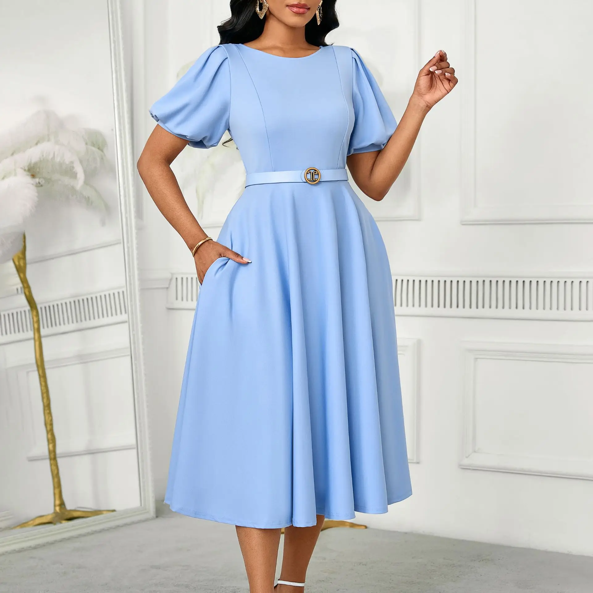 African Clothes for Women Autumn Fashion African Short Sleeve Polyester Party Evening Pleat Midi Dress Outfits Africa Clothing