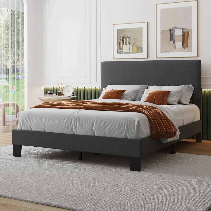 Queen Bed Frame with Headboard,Linen Upholstered Bed Frame with Wood Slats Support,No Box Spring Needed,Heavy Duty Feet