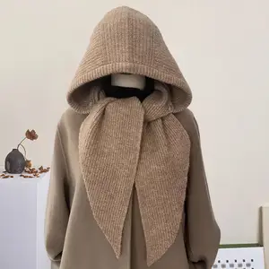 Womens Ribbed Knitted Skullies Hat with Scarf Stylish Solid Color Hooded Scarf for Winter Spring Fall