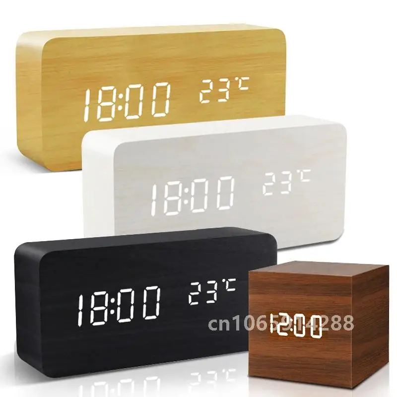 Wooden Digital Clock Multi-function LED Alarm Clock with Time/ Date/ Temperature Display and Voice Control for Home Office Trave