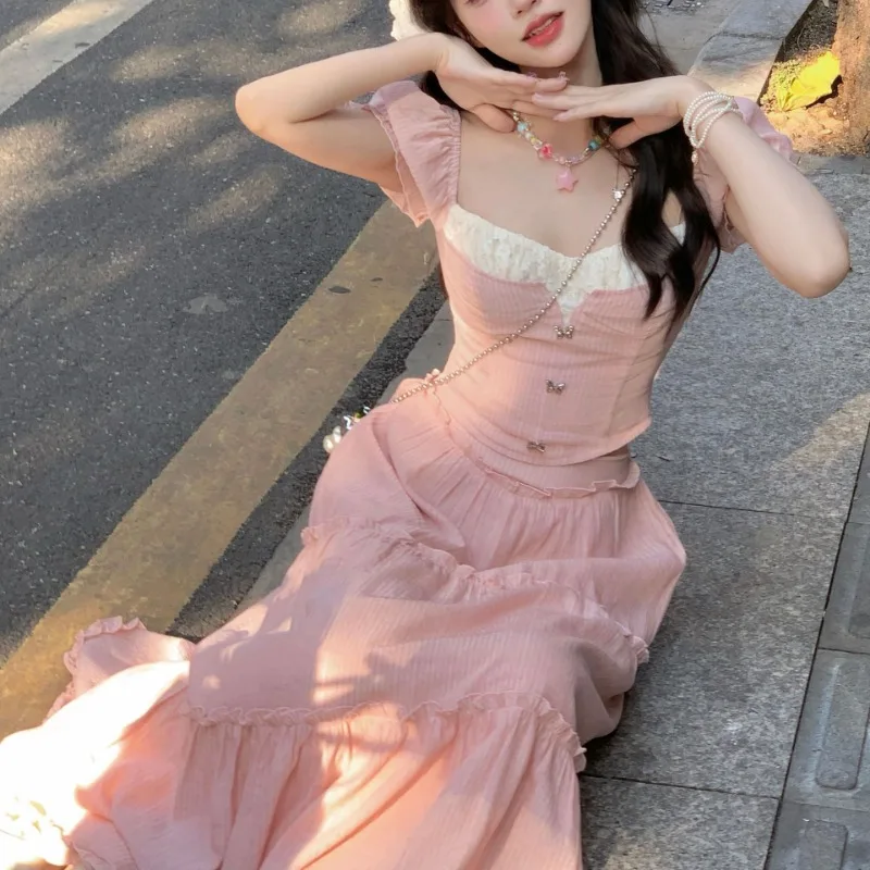 Summer French Sweet Women Dress Waisted Slim Short-sleeved Top + Mid-length Half-skirt 2pcs Loose A-line Pink Suit Student Girls