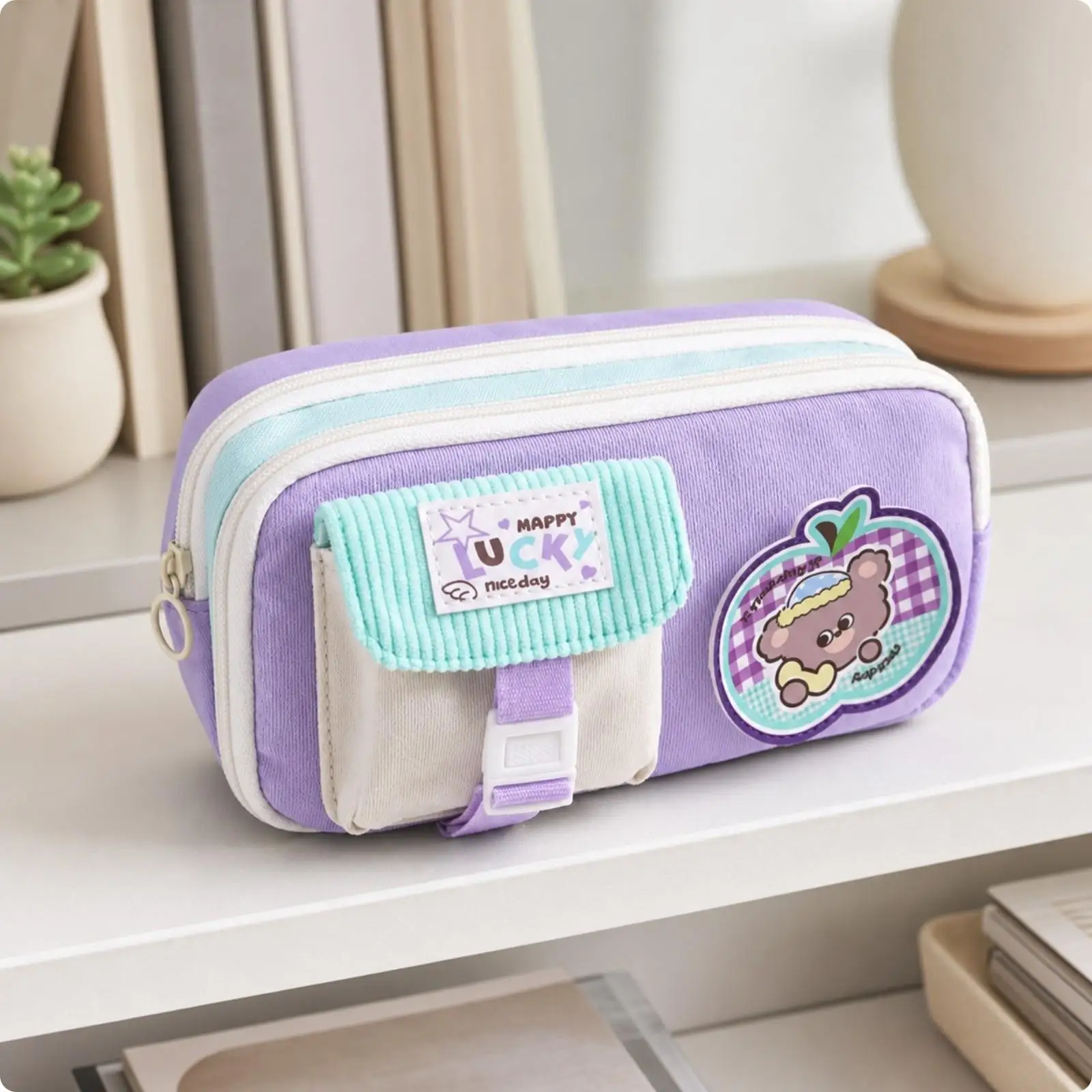 Versatile Pencil Case Organizer with Stitched Decor Oxford Cloth Material for Home Desk and Classroom Use