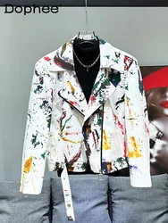 Graffiti Printing Jacket Men's Short 2024 New Fashion Splash-Ink Craft Fashion Zipper Motorcycle Jackets Trendy Male Chic Coats