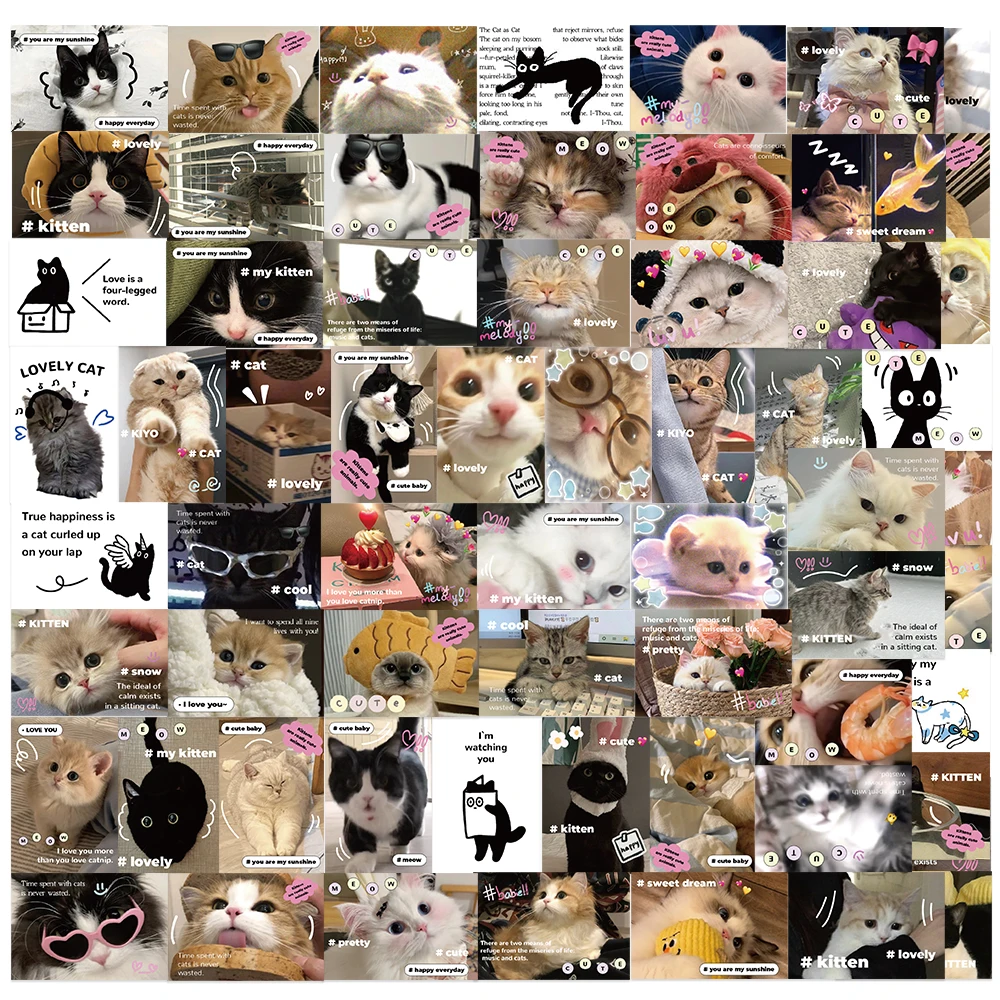 64pcs Kawaii Cat Kitty Stickers Cute Animal Decals Kids Toys Scrapbook Phone Laptop Stationary Guitar Suitcase Cup Car Sticker