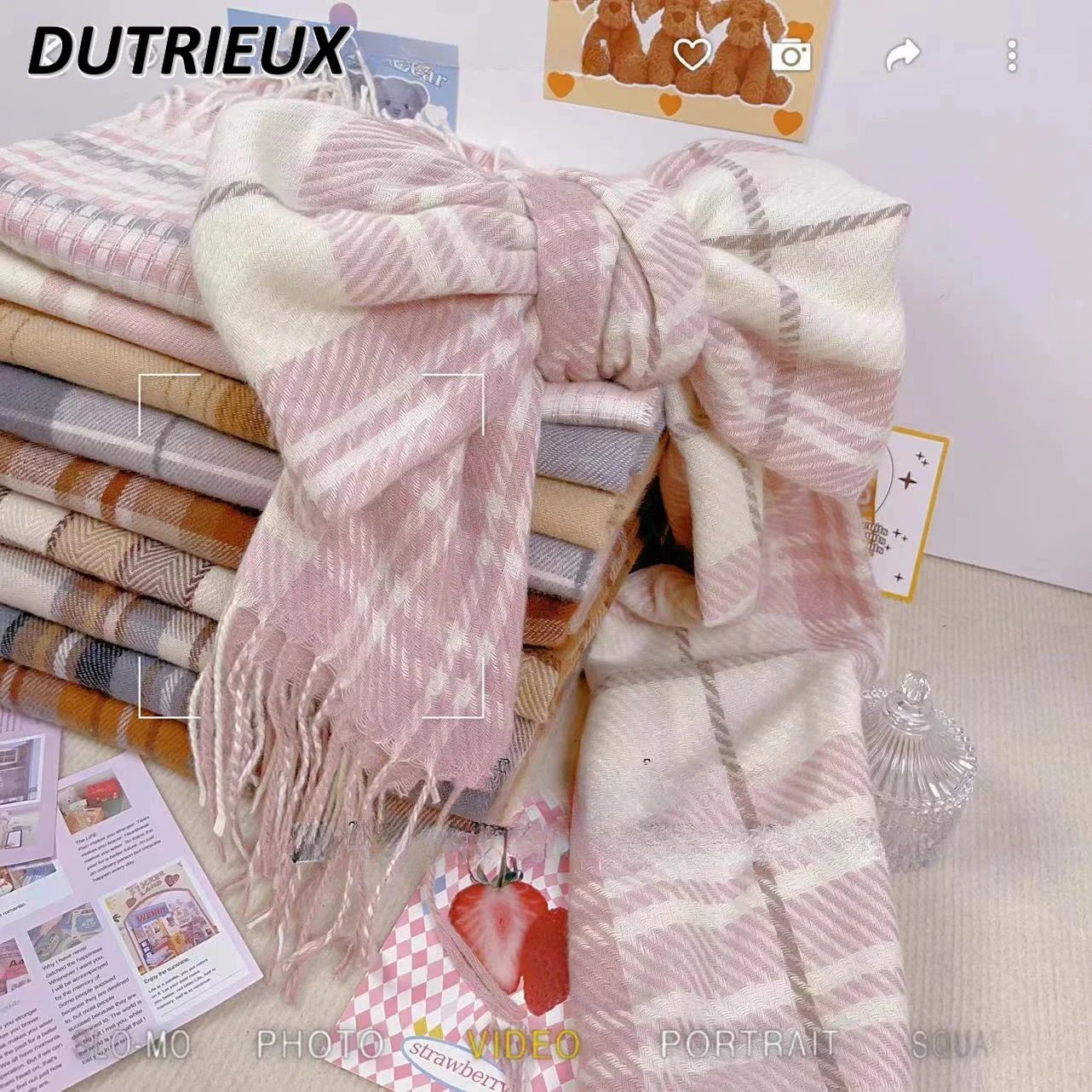 

Imitation Cashmere Autumn Winter Korean Version Versatile Japanese Plaid Scarf Sweet Cute Schoolgirl Warm Thickened Soft Scarfs