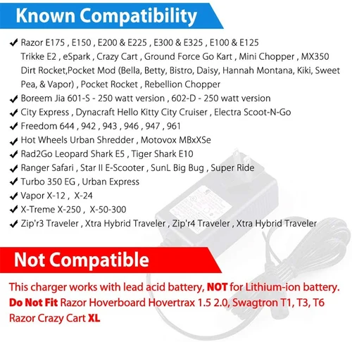 Imagen 2 del producto Cargador de batería para patinete, 24V, 3A, para Razor E100 E200 E200S E225 E300 E300S PR200 E125 E150 E500 E225S E325S MX350 MX400 Pocket Mod