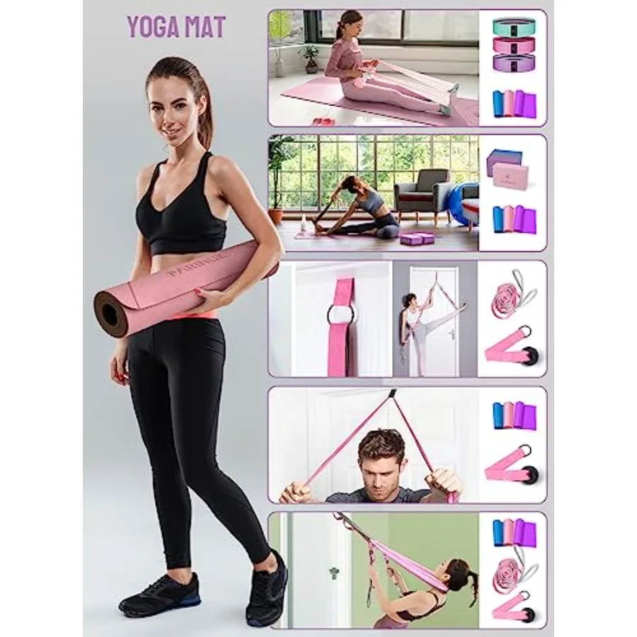 Yoga mat for beginners: thick 1/3 inch high-density PVC, black, non-slip surface with multi-loop strap, blocks, resistance band