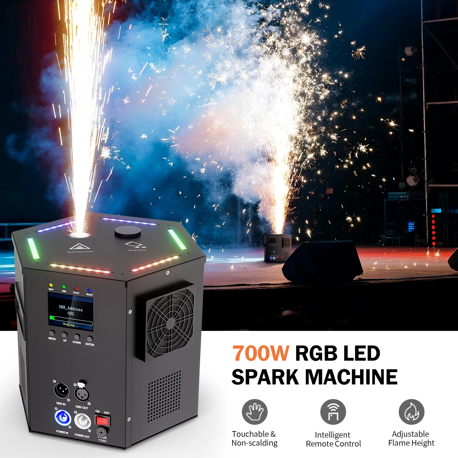 

Fieryzeal 700 Вт светодиодная машина холодной искры с RGB-подсветкой DMX электронная машина для распыления цветов машина для сценических эффектов в помещении и на открытом воздухе