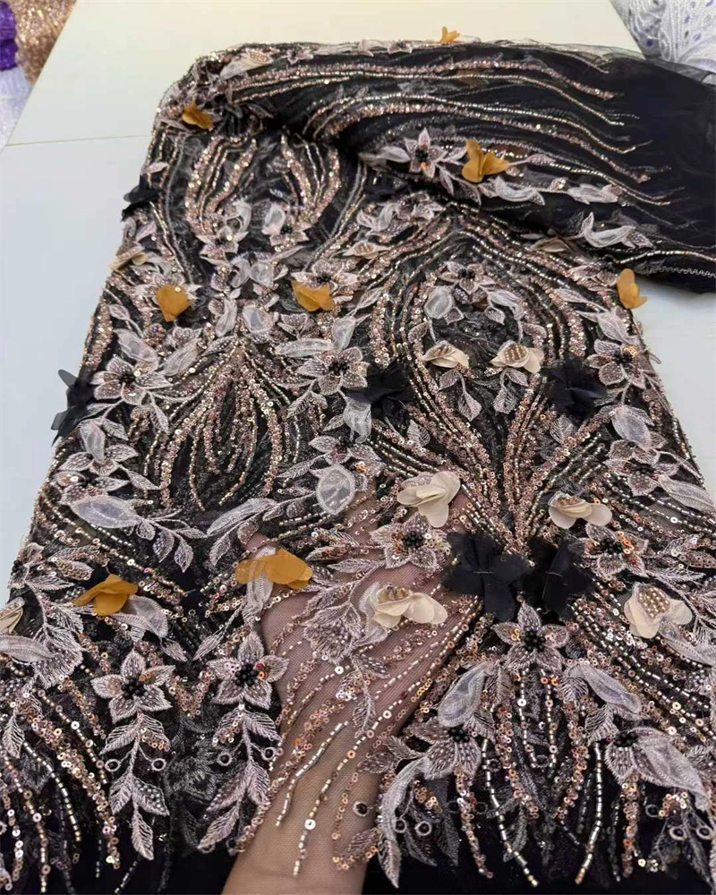 Tessuto africano del pizzo dello sposo in rilievo 2025 Tessuto di pizzo francese di maglia di alta qualità Paillettes Tessuti di pizzo nigeriano per abito da sposa cucire
