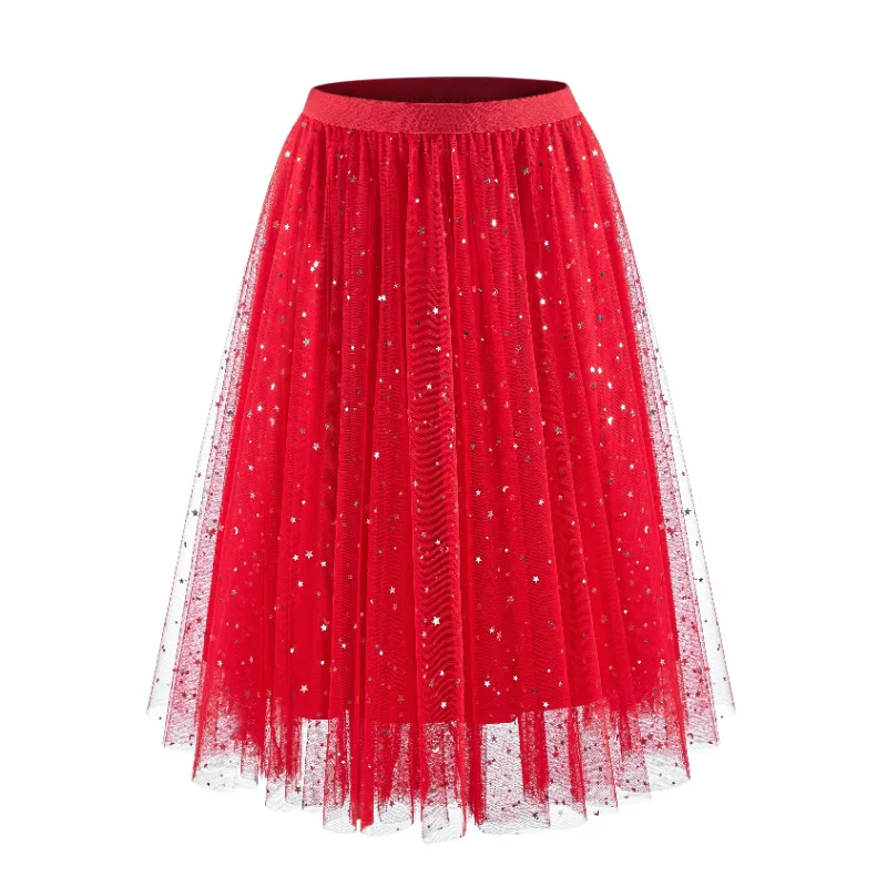 Women Star Sequin Glitter Tulle Midi Skirt Elastic High Waist Layered Fluffy A Line Mesh Skirt Romantic Fairy Party Skirt