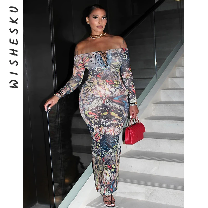 

Sexy Slash Neck Long Sleeve Butterfly Print Maxi Dress Women Backless Mesh See Through Party Vestido 2024 Spring Fall Clothes