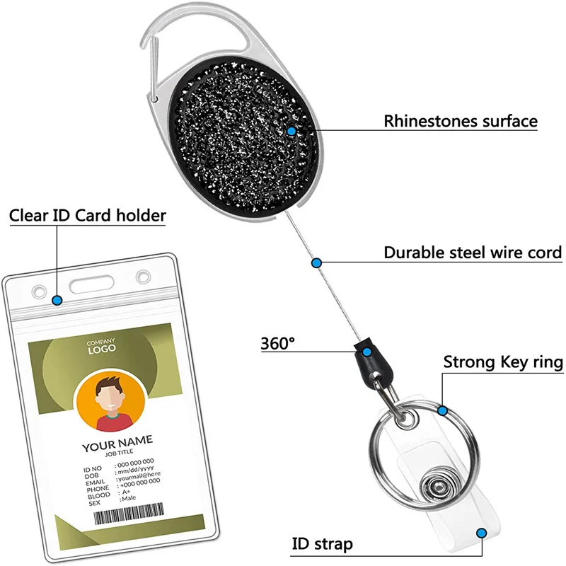 2Pack Rhinestone Retractable Badge Reel Lanyards ID Card Holder Set Bling Crystal Mesh Neck Lanyard Keychain for Students Doctor