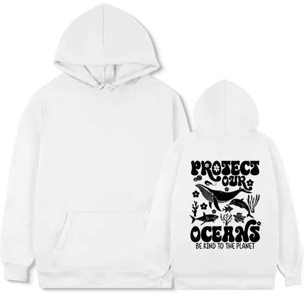 Jersey con capucha holgado y moderno, protegendo nuestro océano. Patrón de vida oceánica y eslogan de cuidar de la tierra. Casual tan