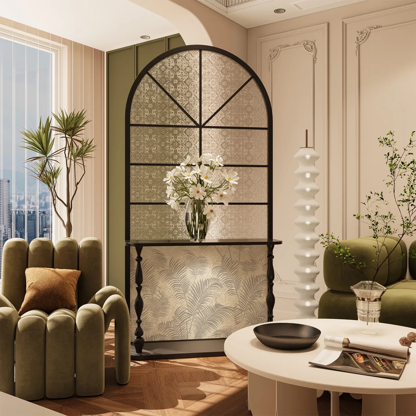 French retro solid wood glass entry door screen partition living room porch cabinet American home mobile seat screen blocking