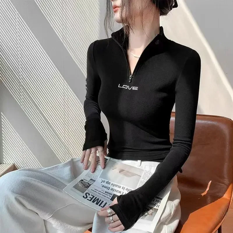 

Autumn Winter New Zipper T-irt Women's Finger Inserted Slim Fit Top with Letter Embroidery f High Collar Base irt