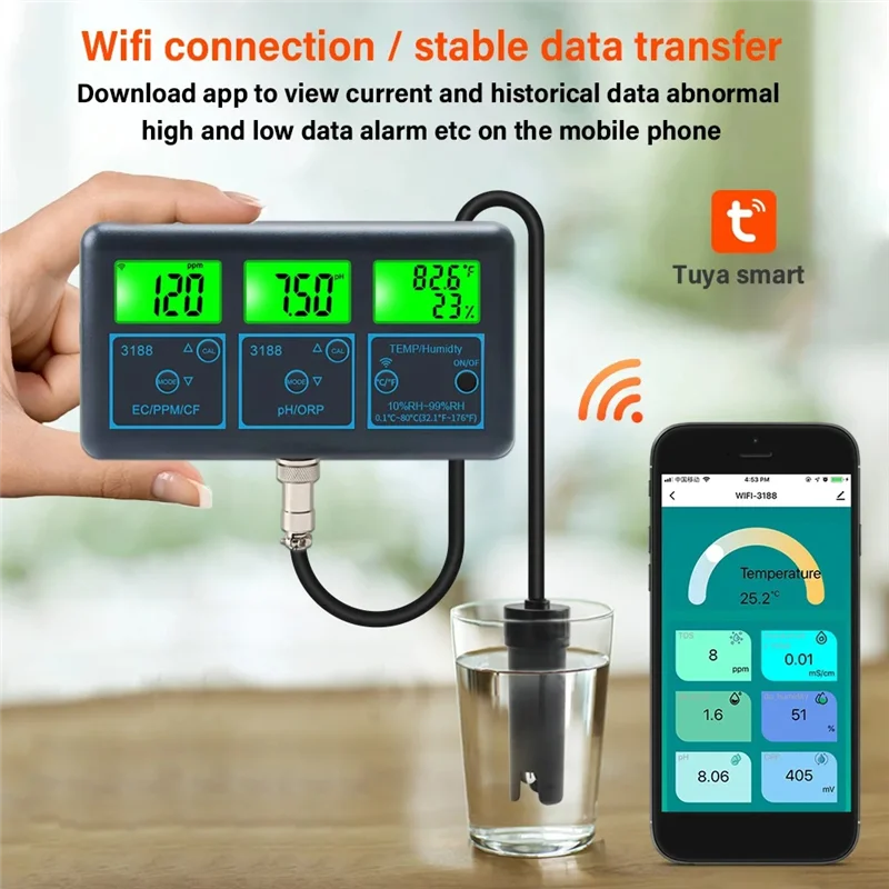 

AA05 Wifi Tuya Smart Monitor Fish Tank Aquarium SPA Pool Online Water Quality Meter PH ORP EC PPM Humidity Tester US Plug
