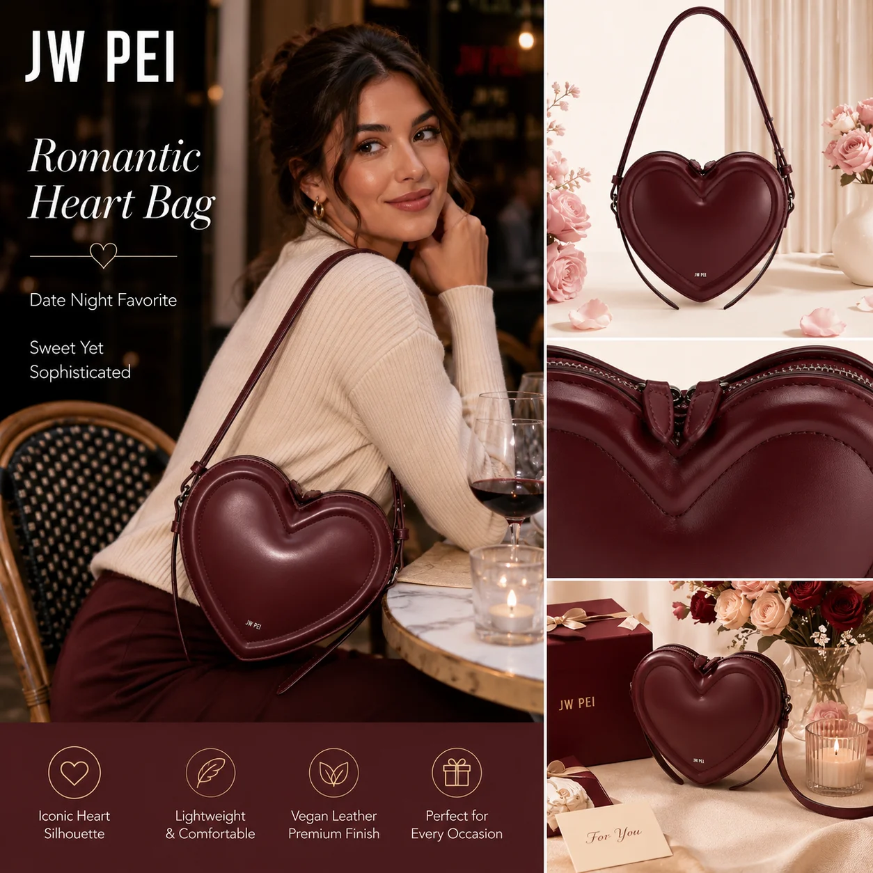 JW PEI Arlene Heart Shape Shoulder Bag: 3D Vegan Leather Crossbody Purse - Chic Underarm Commuter Bag for Work & Date